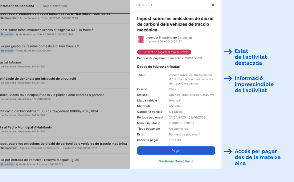 Detall d'informació d'un tribut on es visualitzen algunes de les novetats plantejades